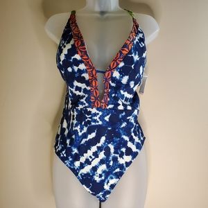 La Blanca Tie Dye One Piece Blue Keyhole Low Cut